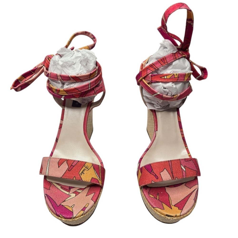 Emilio Pucci Y2K Raffia Espadrille Wedge Sandals 38 Pink Abstract Italy Tie Heel - Picture 3 of 16